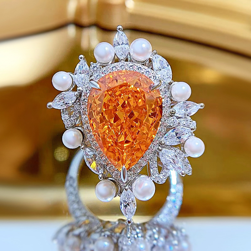 8Ct Luxury Pear Cut Aquamarine Pearl Accents Ring-Sterling Silver-lornajewelry