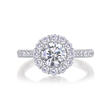 1Ct Moissanite Halo Round Cut Engagement Ring-Sterling Silver-lornajewelry