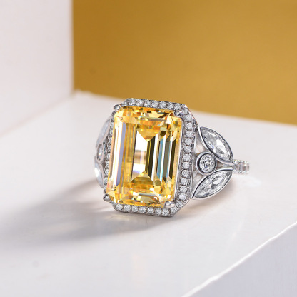7Ct Yellow Emerald Cut Side Stone Halo Setting Ring-Sterling Silver-lornajewelry