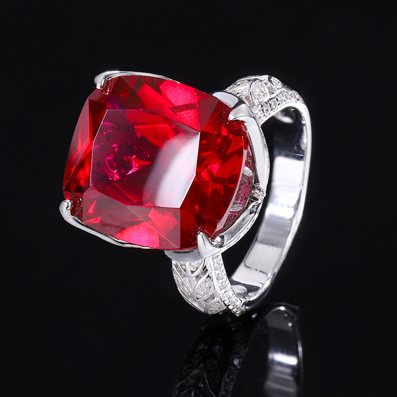 16Ct Ruby Cushion Cut Leaf Motif Vintage Style Ring-Sterling Silver-lornajewelry