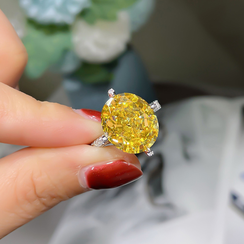 11Ct Yellow Oval Cut Pave Setting Ring-Sterling Silver-lornajewelry