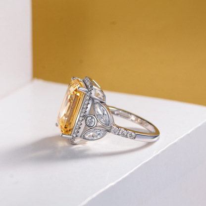 7Ct Yellow Emerald Cut Side Stone Halo Setting Ring-Sterling Silver-lornajewelry