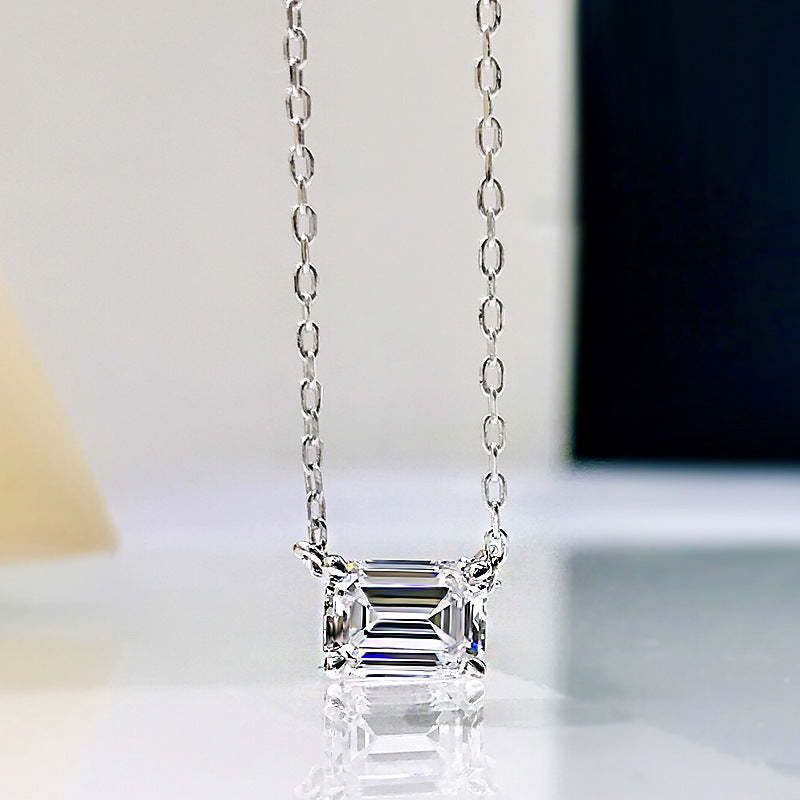 Simple Emerald Cut Pendant Necklace In Sterling Silver-Sterling Silver-lornajewelry