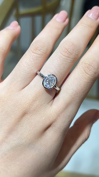 2Ct Moissanite Oval Cut Solitaire Bezel Sterling Silver Engagement Ring