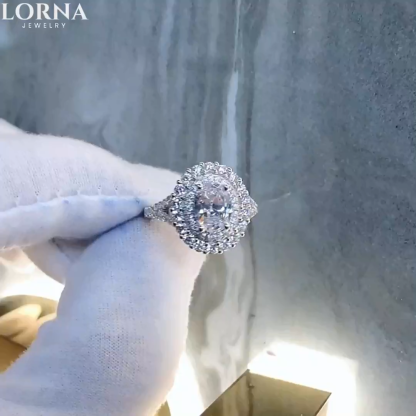 1.5Ct Oval Double Halo Split Shank Pave Engagement Ring in 925 Sterling Silver