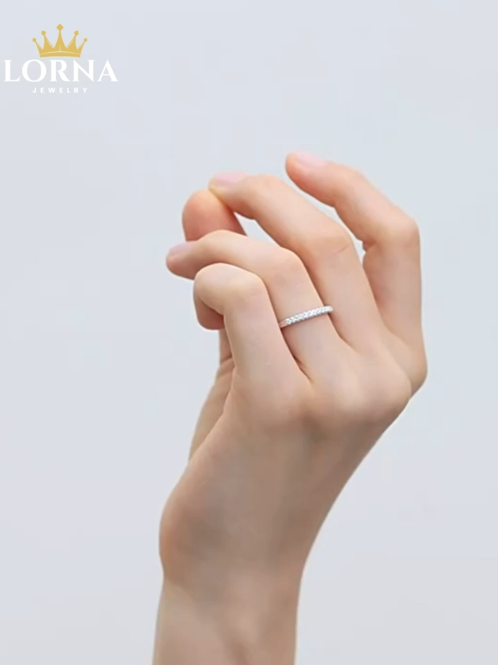 Moissanite Round Half Eternity Sterling Silver Wedding Band Stackable Ring