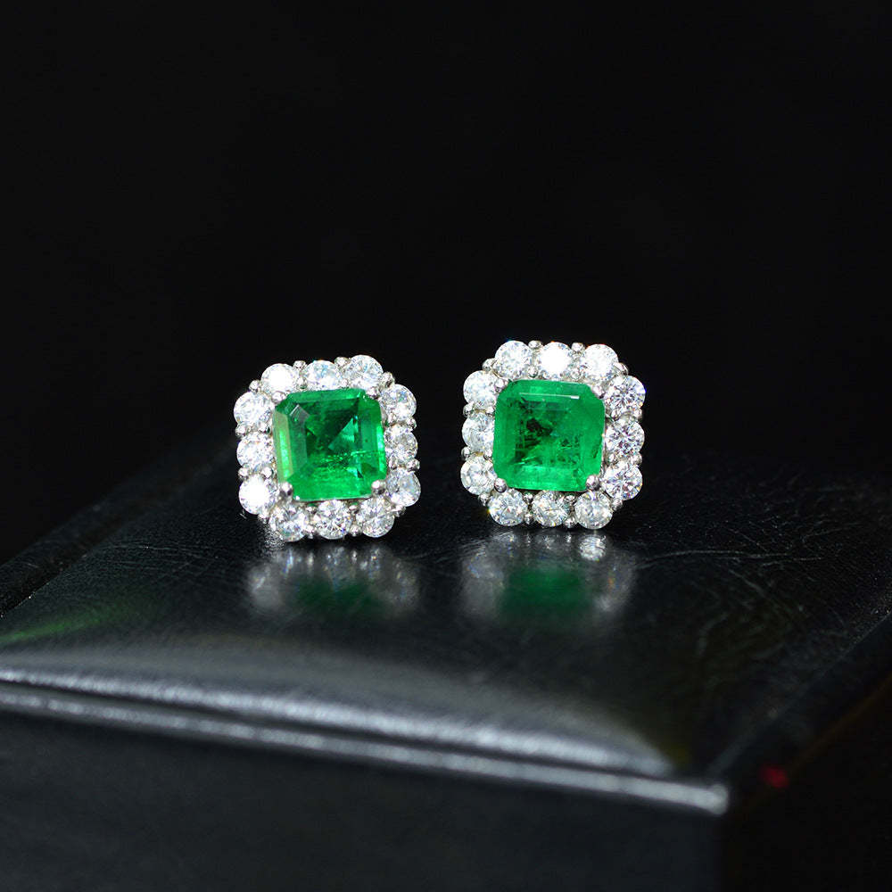 4.0 Carat Halo Princess Cut Emerald Green Women's Stud Earrings In Sterling Silver-Sterling Silver-lornajewelry
