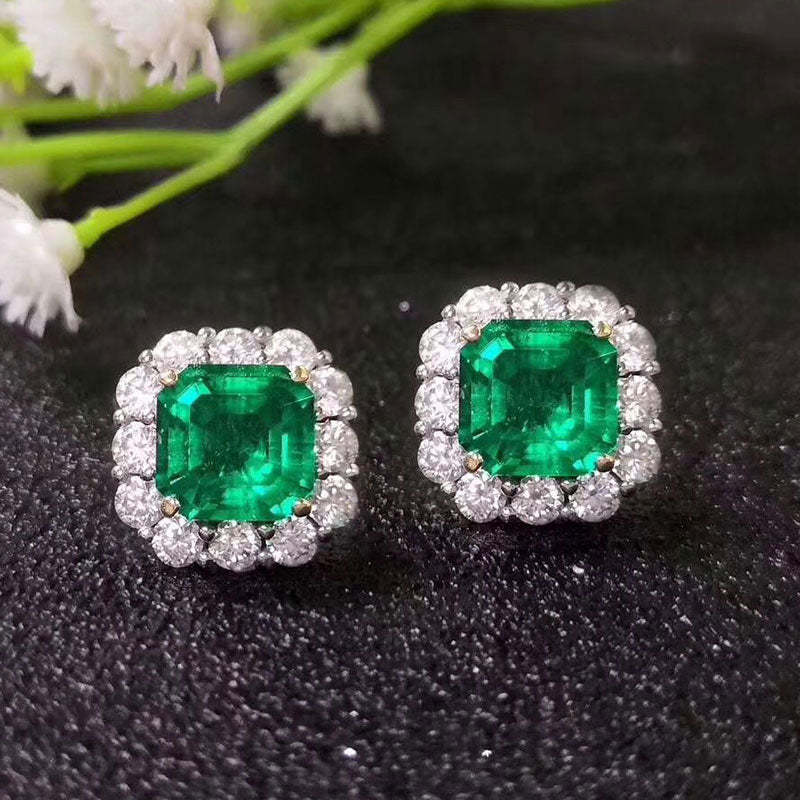 4.0 Carat Halo Princess Cut Emerald Green Women's Stud Earrings In Sterling Silver-Sterling Silver-lornajewelry