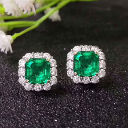 4.0 Carat Halo Princess Cut Emerald Green Women's Stud Earrings In Sterling Silver-Sterling Silver-lornajewelry