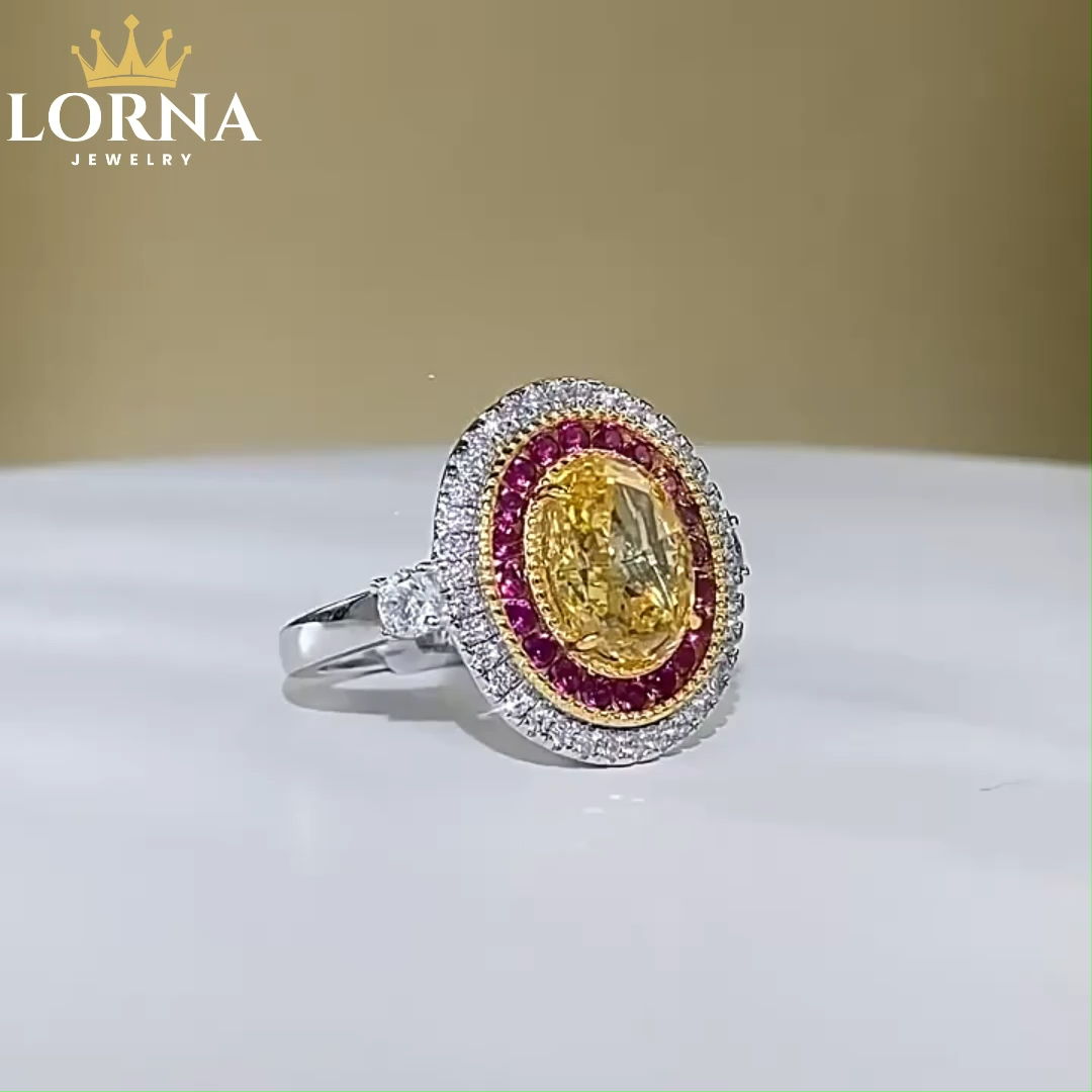 3Ct Luxury Yellow Oval Stone Double Halo Design Ring