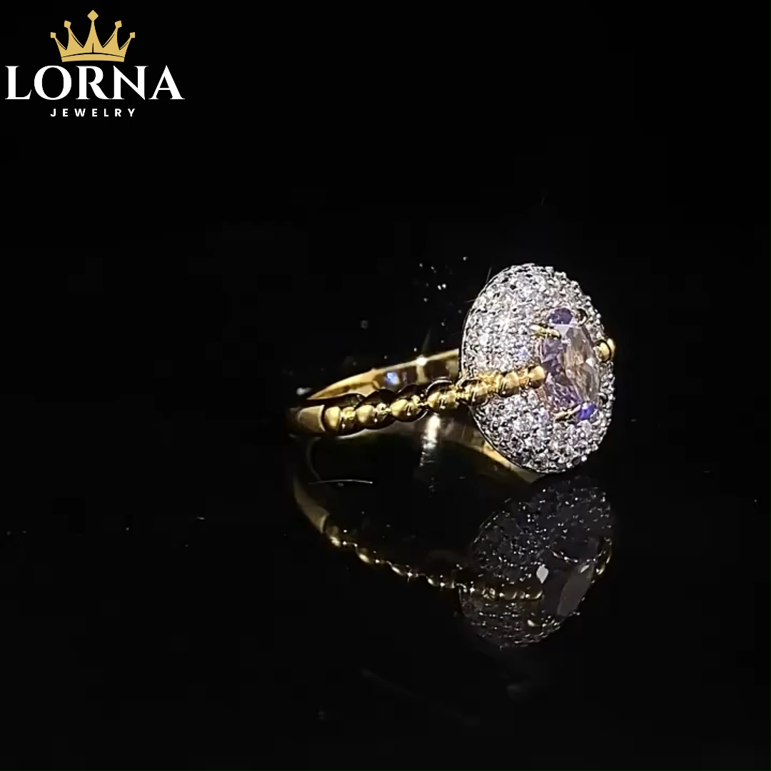 1Ct Statement Purple Oval Stone Halo Ring Gold Band