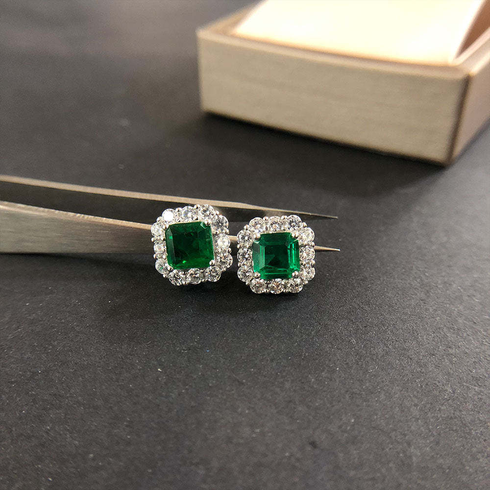 4.0 Carat Halo Princess Cut Emerald Green Women's Stud Earrings In Sterling Silver-Sterling Silver-lornajewelry