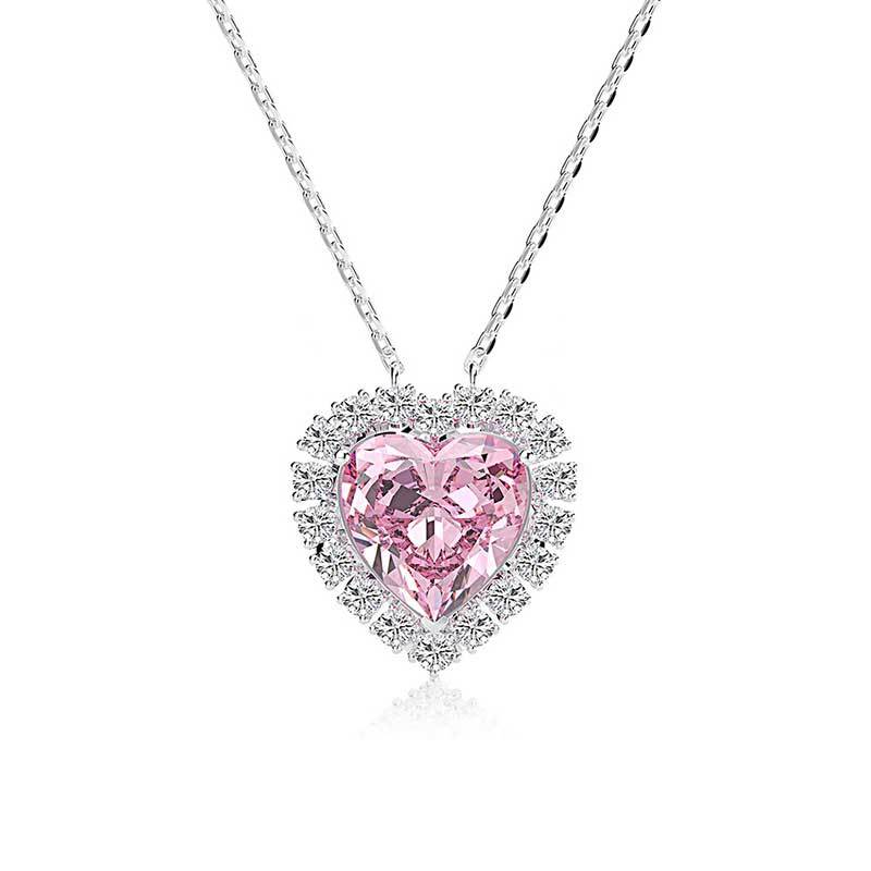 Halo Heart Cut Pink Sapphire Sterling Silver Necklace For Women-Sterling Silver-lornajewelry