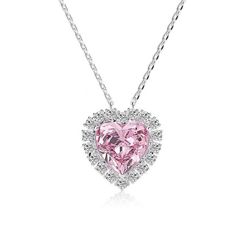 Halo Heart Cut Pink Sapphire Sterling Silver Necklace For Women-Sterling Silver-lornajewelry