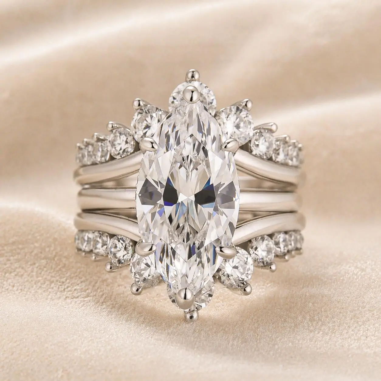 3Ct Marquise Cut Insert Wedding Ring Set with Crown Shaped Engagement Ring Enhancer in Sterling Silver