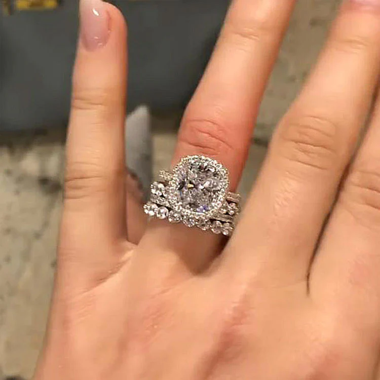 5Ct Vintage Handmade Cushion Cut Halo 3 Pcs Sterling Silver Bridal Set