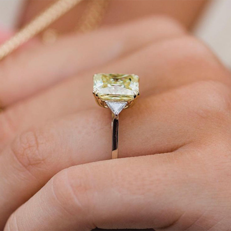 4Ct Radiant Cut Yellow Stone Three Stone Engagement Ring With Triangle Cut Side-stones-Sterling Silver-lornajewelry