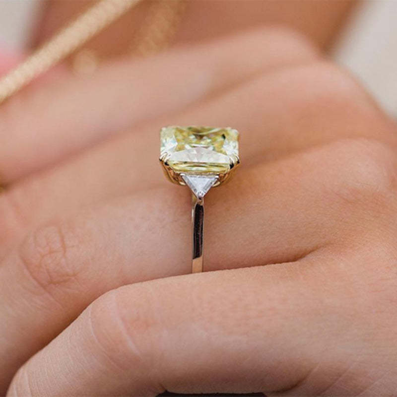 4Ct Radiant Cut Yellow Stone Three Stone Engagement Ring With Triangle Cut Side-stones-Sterling Silver-lornajewelry