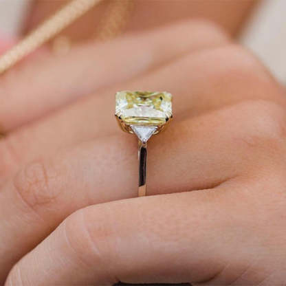 4Ct Radiant Cut Yellow Stone Three Stone Engagement Ring With Triangle Cut Side-stones-Sterling Silver-lornajewelry