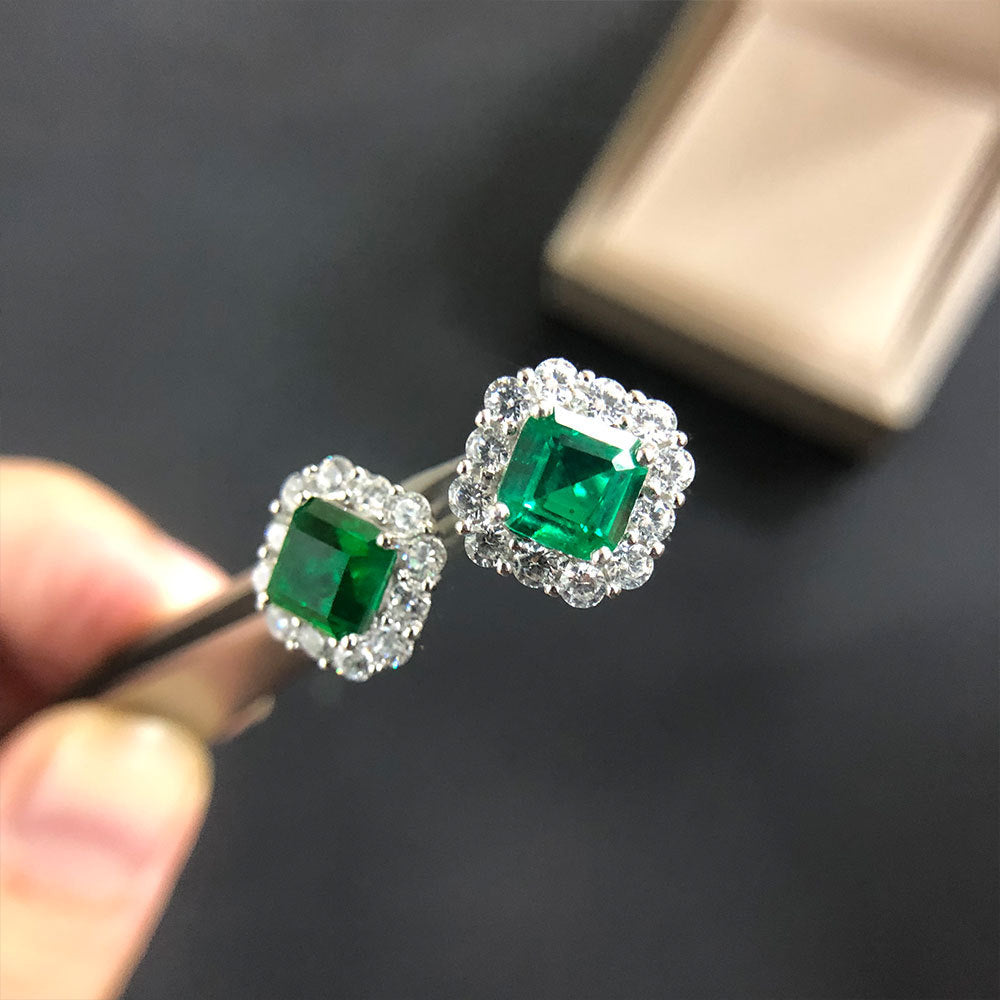 4.0 Carat Halo Princess Cut Emerald Green Women's Stud Earrings In Sterling Silver-Sterling Silver-lornajewelry