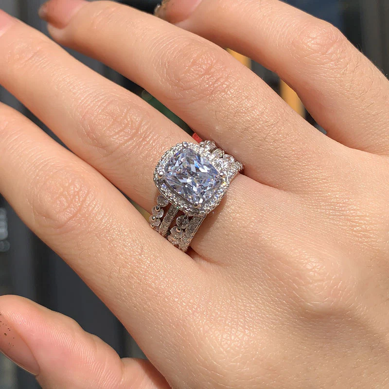 5Ct Vintage Handmade Cushion Cut Halo 3 Pcs Sterling Silver Bridal Set