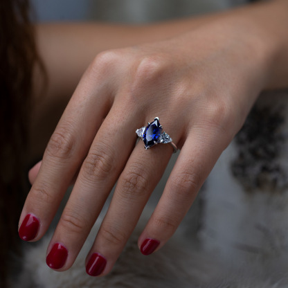 [Copy]4Ct Marquise Cut Blue Three Stone Engagement Ring In Sterling Silver