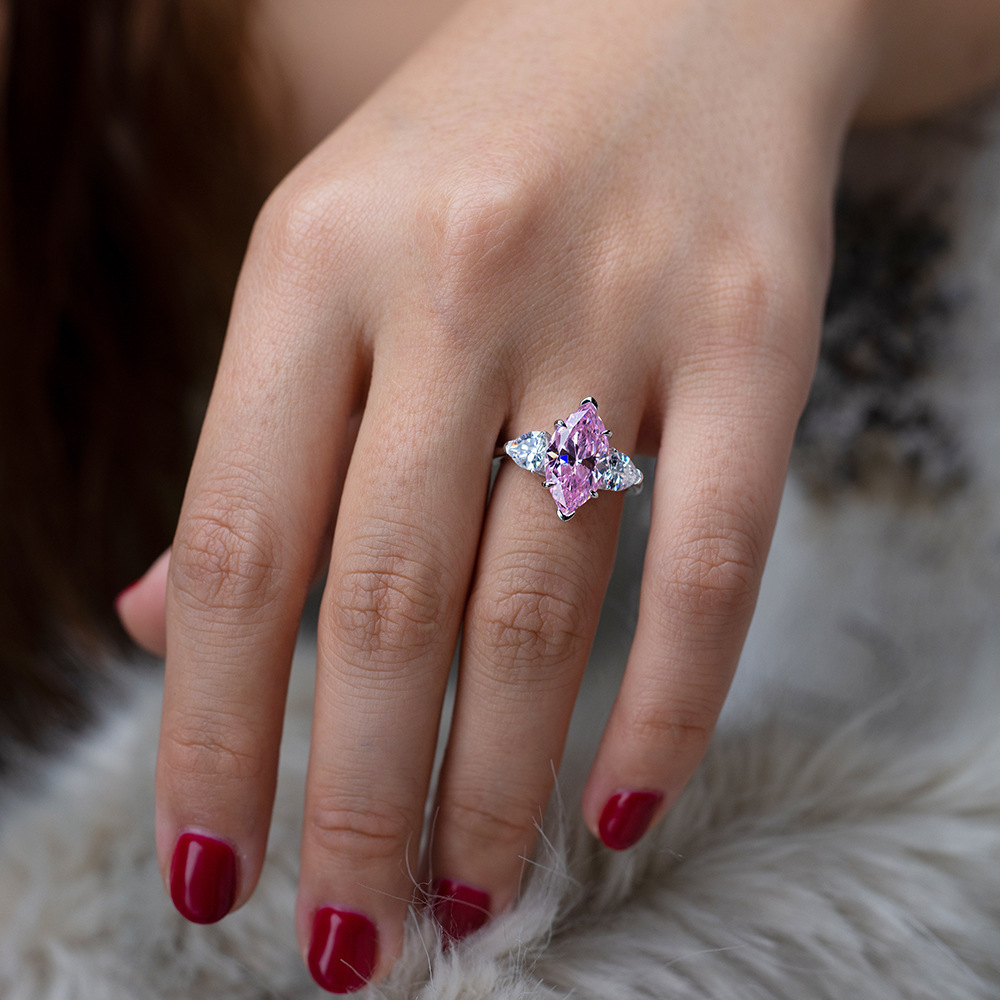 4Ct Marquise Cut Pink Three Stone Engagement Ring In Sterling Silver