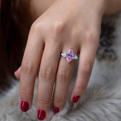 4Ct Marquise Cut Pink Three Stone Engagement Ring In Sterling Silver