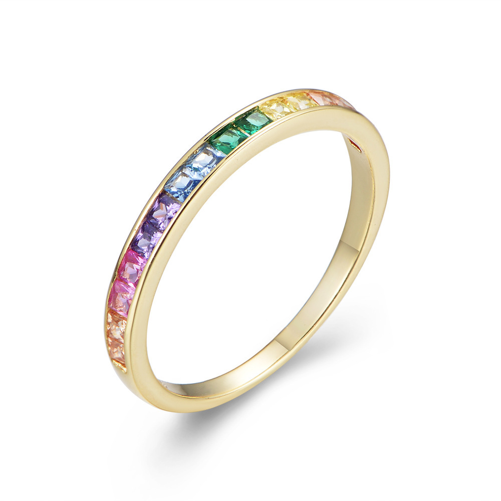 Micro-Pavé Square Rainbow Zircon Wedding Band in Sterling Silver