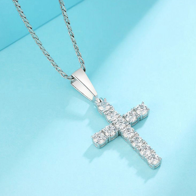 Moissanite Round Cross Pendant Necklace in Sterling Silver-Sterling Silver-lornajewelry