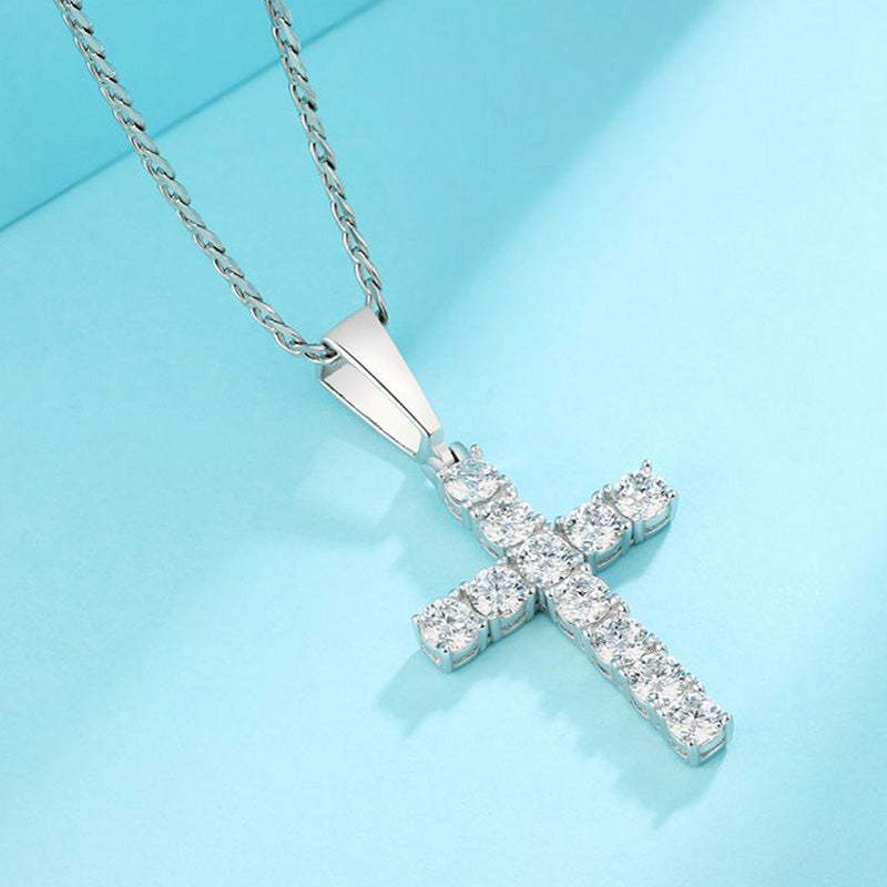 Moissanite Round Cross Pendant Necklace in Sterling Silver-Sterling Silver-lornajewelry