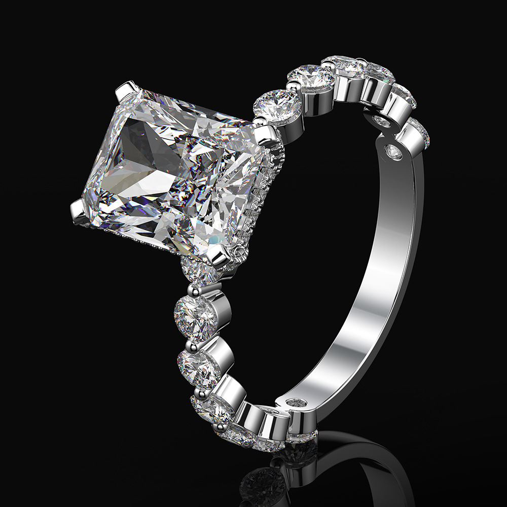 4Ct Radiant Cut Hidden Halo Bubble Band Engagement Ring in Sterling Silver