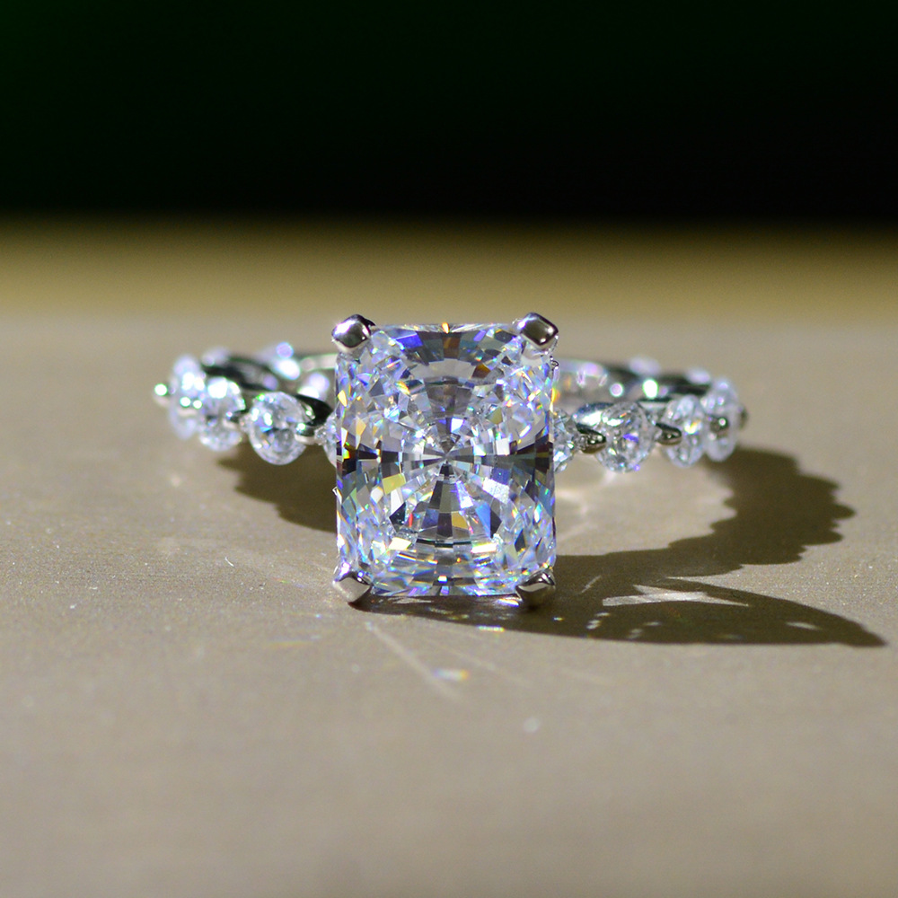4Ct Radiant Cut Hidden Halo Bubble Band Engagement Ring in Sterling Silver