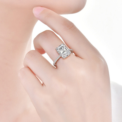 4Ct Radiant Cut Brilliant-Style Faceting Pave Hidden Halo Engagement Ring In Sterling Silver
