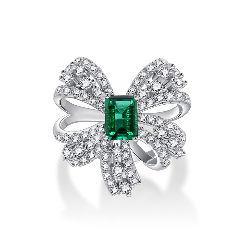 1Ct Green Emerald Cut Bow Knot Pave Setting Ring-Sterling Silver-lornajewelry