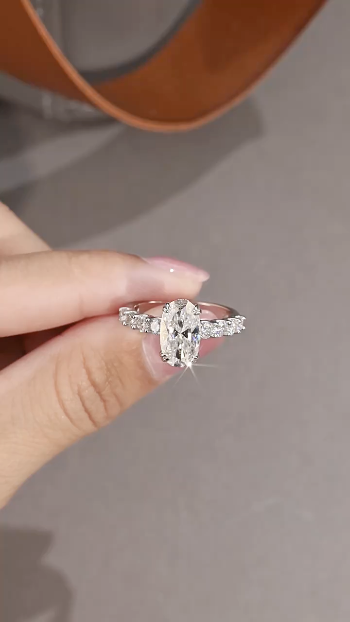 3Ct Moissanite Oval Cut Nine Stone Sidestone Sterling Silver Engagement Ring