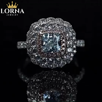 1Ct Exquisite Aquamarine Cushion Cut Double Halo Ring