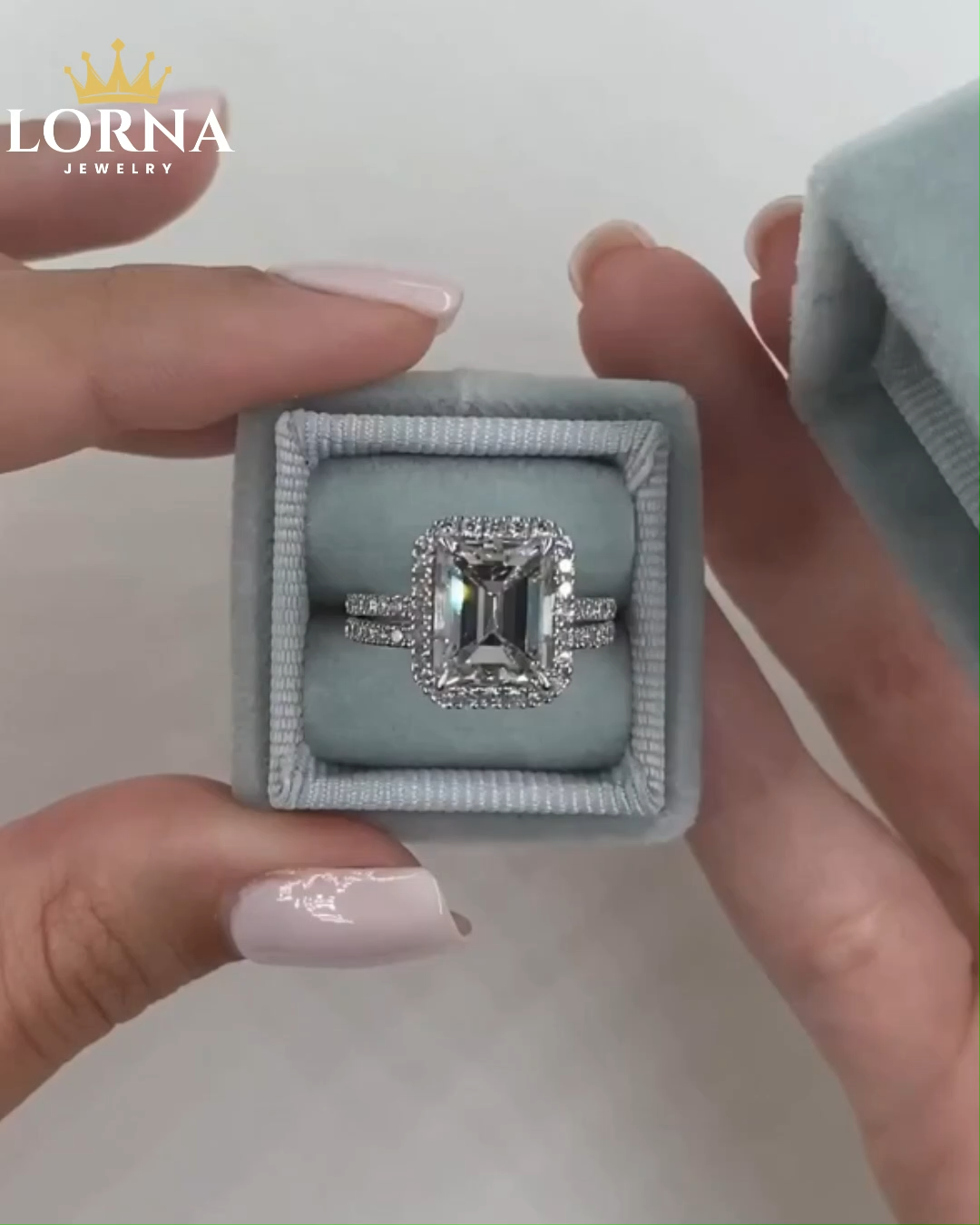 3Ct Halo Emerald Cut Sona Simulated Diamonds Wedding Ring Set for Women