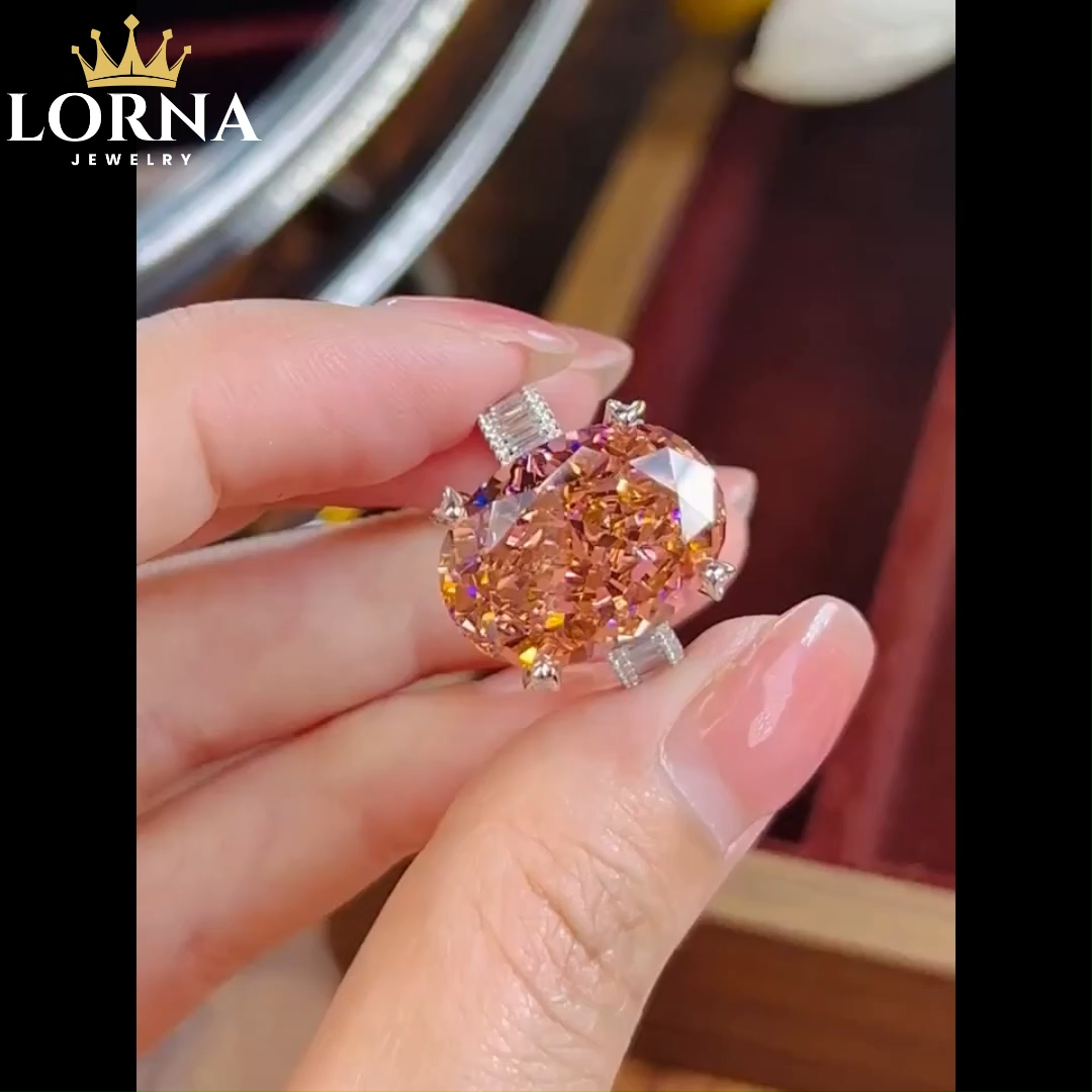 12Ct Padparadscha Oval Cut Baguette Band Ring