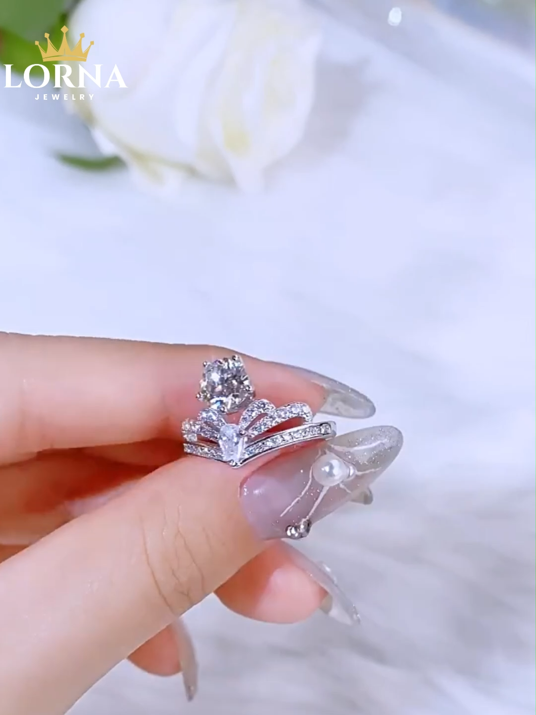 1Ct Moissanite White Round Cut and Pear Cut Pave Setting Crown Style Ring