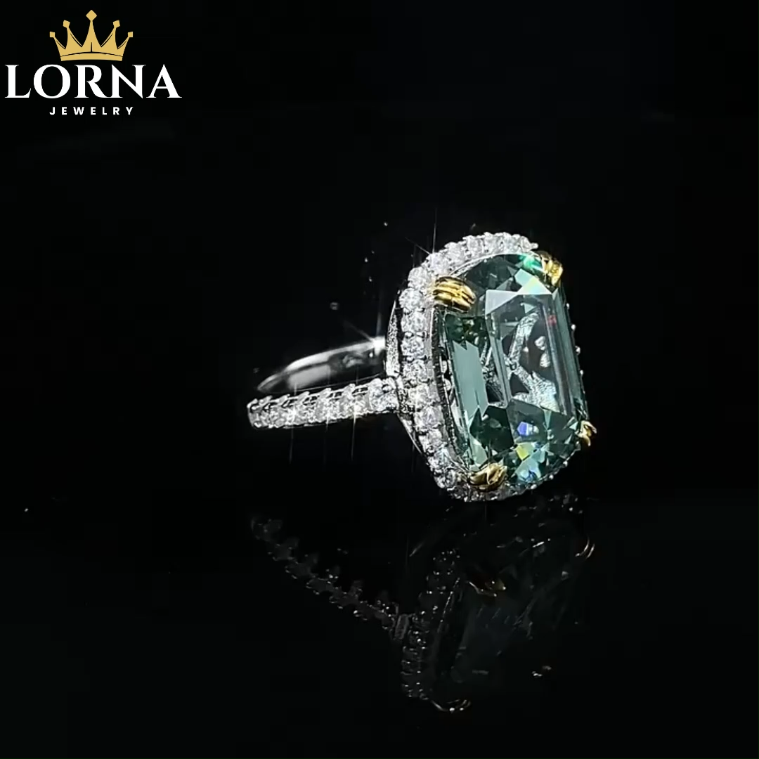 7Ct Emerald Cut Green Tourmaline Halo Design Ring