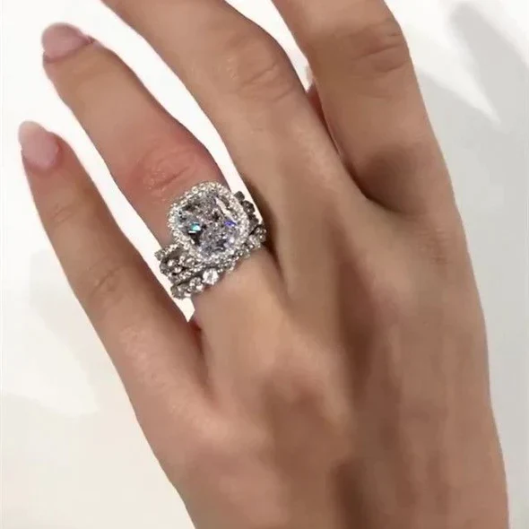 5Ct Vintage Handmade Cushion Cut Halo 3 Pcs Sterling Silver Bridal Set