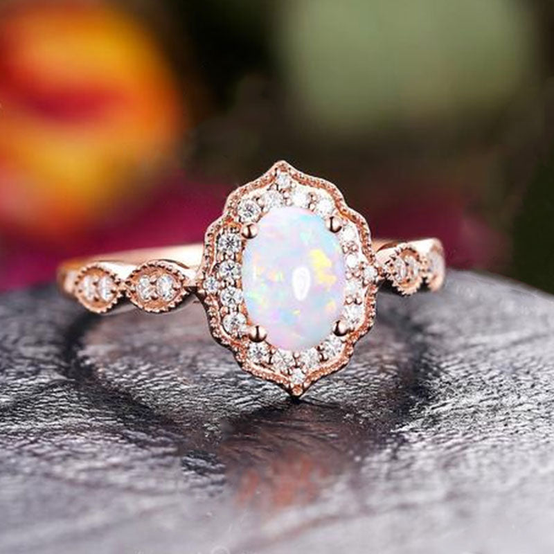 1.8Ct Vintage Rose Gold Oval Cut Opal Engagement Ring In Sterling Silver-Sterling Silver-lornajewelry