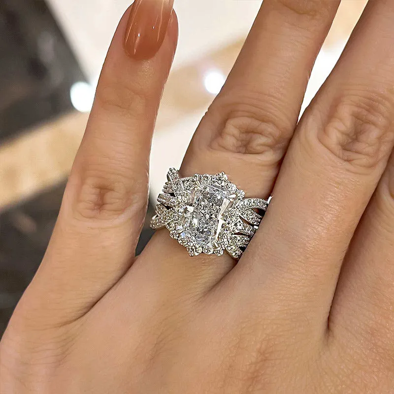 4Ct Vintage Halo Radiant Cut Wedding Ring Set In Sterling Silver