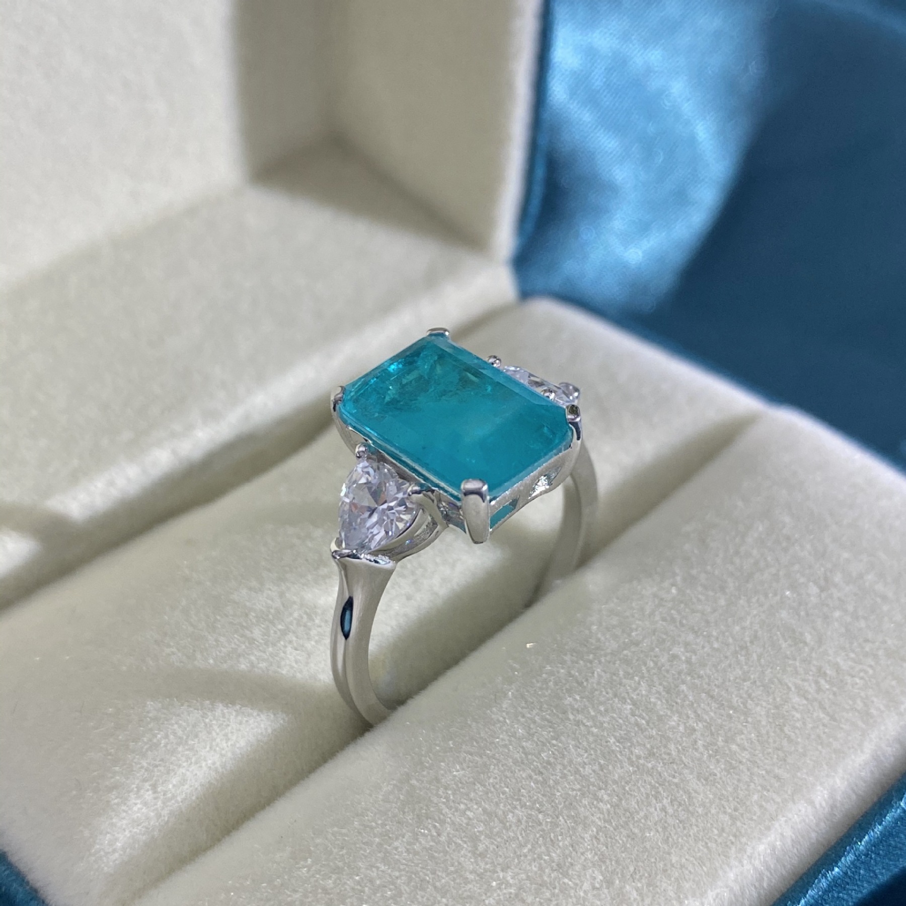 5.5Ct Blue Paraiba Tourmaline Emerald Cut Three-Stone Ring-Sterling Silver-lornajewelry