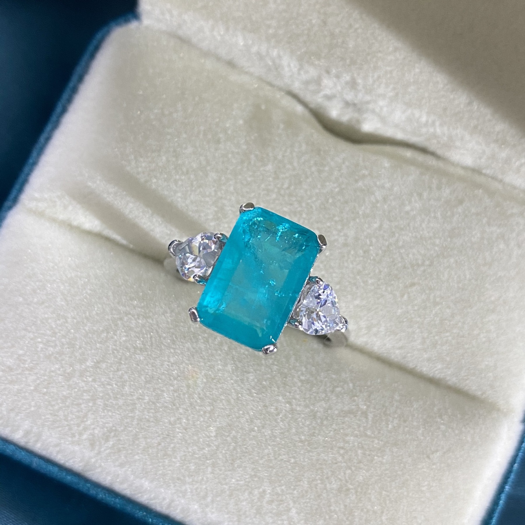 5.5Ct Blue Paraiba Tourmaline Emerald Cut Three-Stone Ring-Sterling Silver-lornajewelry