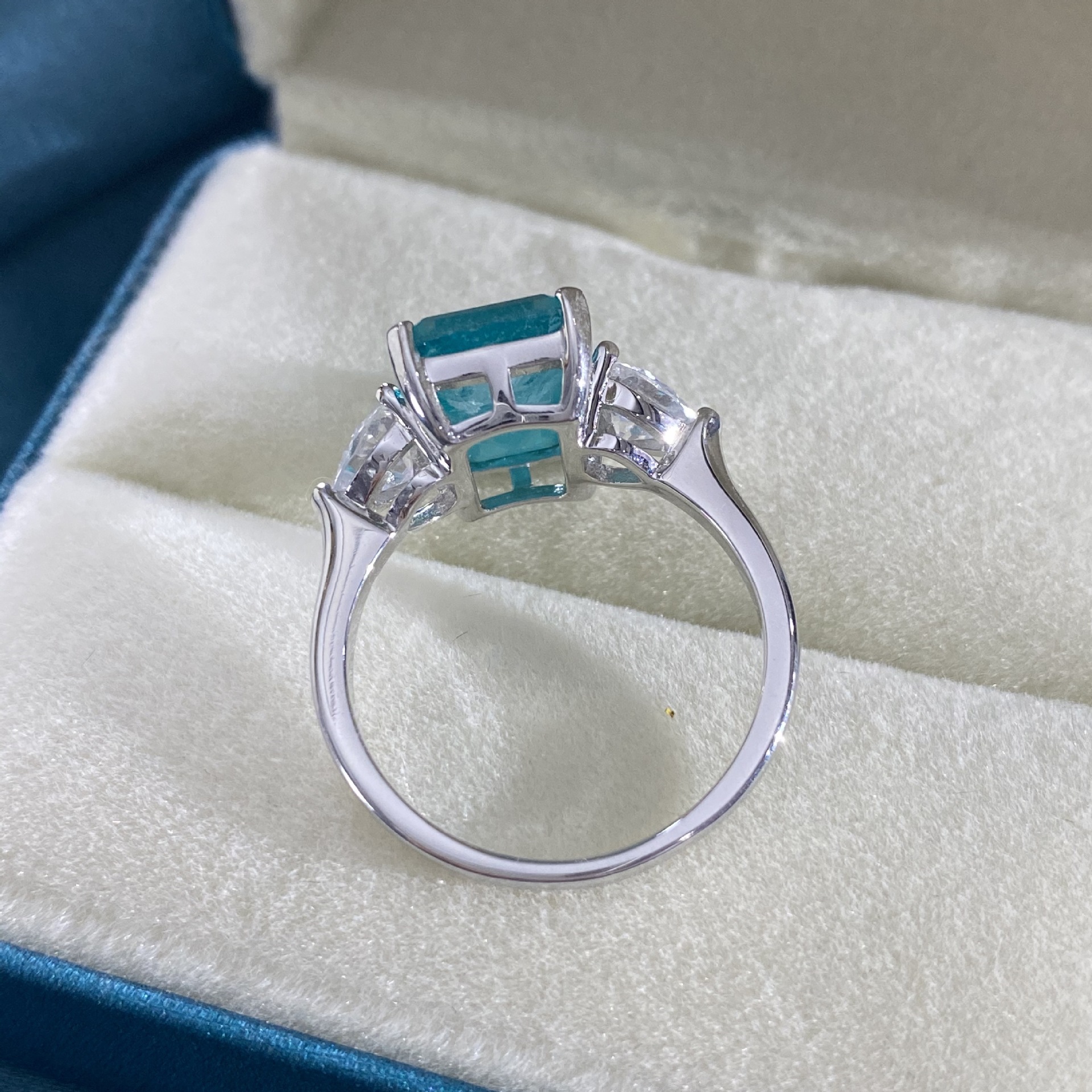 5.5Ct Blue Paraiba Tourmaline Emerald Cut Three-Stone Ring-Sterling Silver-lornajewelry