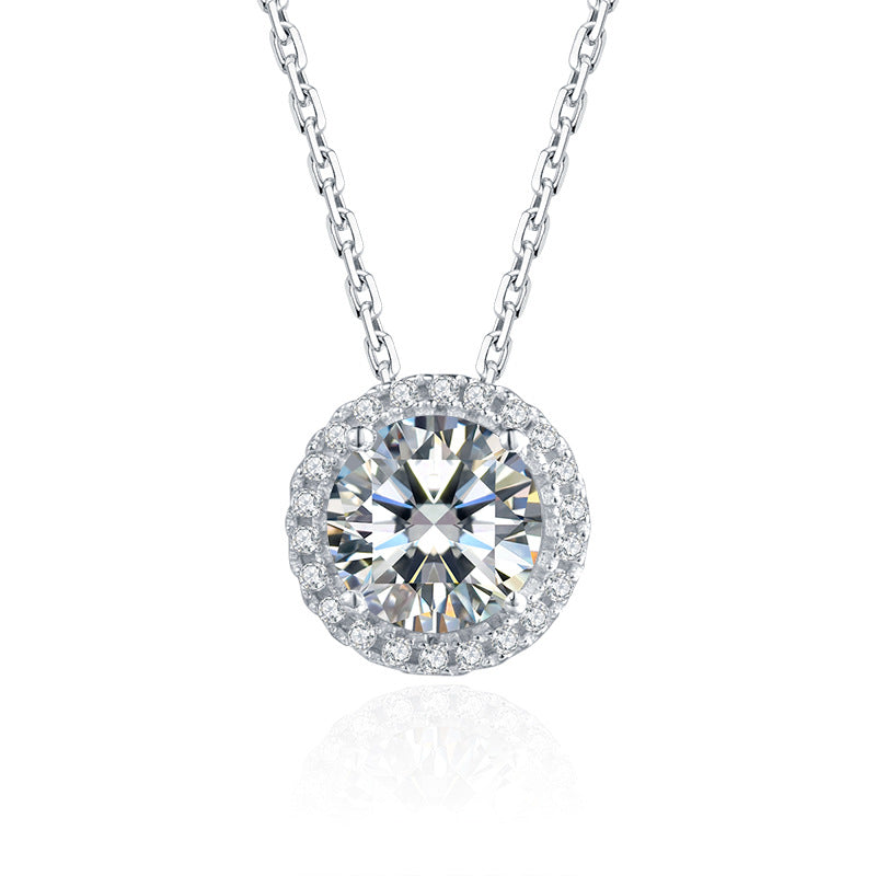Moissanite  Luxurious Halo 1.0 Carat Round Cut Pendant Necklace-Sterling Silver-lornajewelry
