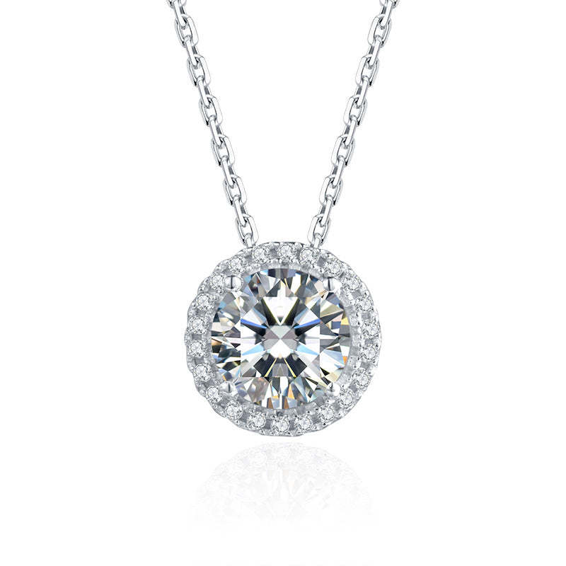Moissanite  Luxurious Halo 1.0 Carat Round Cut Pendant Necklace-Sterling Silver-lornajewelry