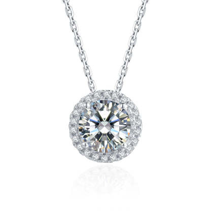 Moissanite  Luxurious Halo 1.0 Carat Round Cut Pendant Necklace-Sterling Silver-lornajewelry